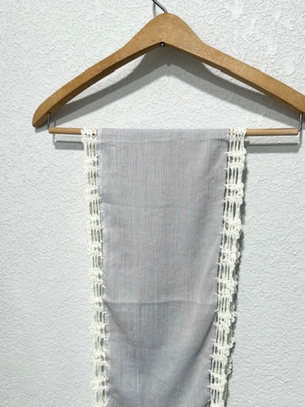 Womens Cotton Gauze Knit Scarf Crochet Trim with Tassles Light Blue & White 74" - Picture 2 of 7